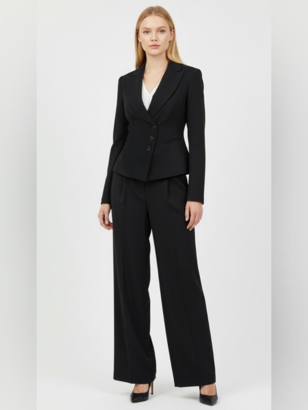 NINE WEST! RICH BLACK ROUND NECK/LAPELS, 2PC PANTS, JACKET/BLAZER SUIT SET! 8